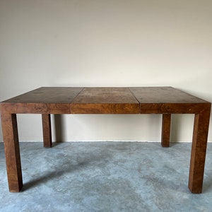Mid-Century Modern Milo Baughman Parsons Style Burl Wood Dining Table image 1