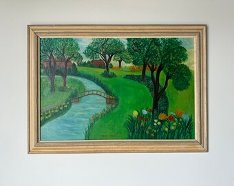 70's Mallde Lederman Rural Cottage Stream River Landscape oil Painting, Framed