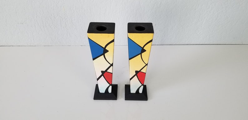 1990s Postmodern Memphis Style Hand Painted Candle Holders a Pair. image 4