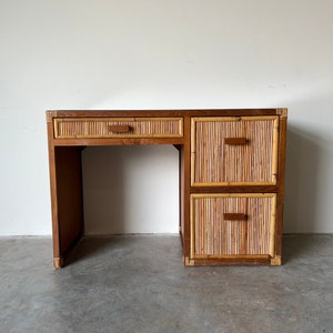 Vintage Coastal Pencil Reed Rattan and Wood Desk With Glass Top image 2