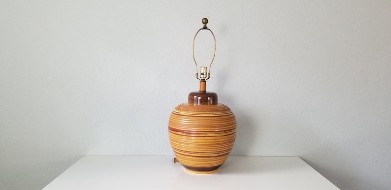 Mid-Century Textural Striped Pottery Table Lamp. image 1