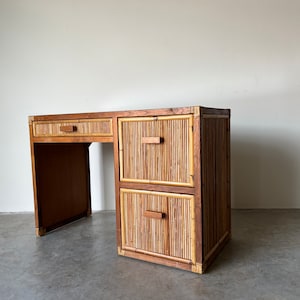 Vintage Coastal Pencil Reed Rattan and Wood Desk With Glass Top image 1