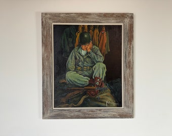 Peinture à l'huile Louis Pere, soldat assis, portrait des années 1950, encadrée