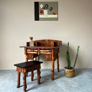 Vintage Handmade Rustic Wood Desk W/ Stool image 2