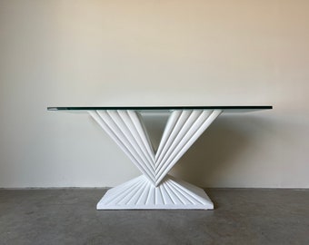 1980s Postmodern Geometric Plaster Console Table with Glass Top