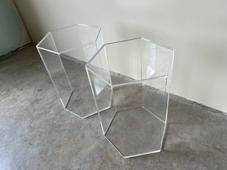 A Pair of Vintage Hexagon Lucite Pedestals, Signed image 5