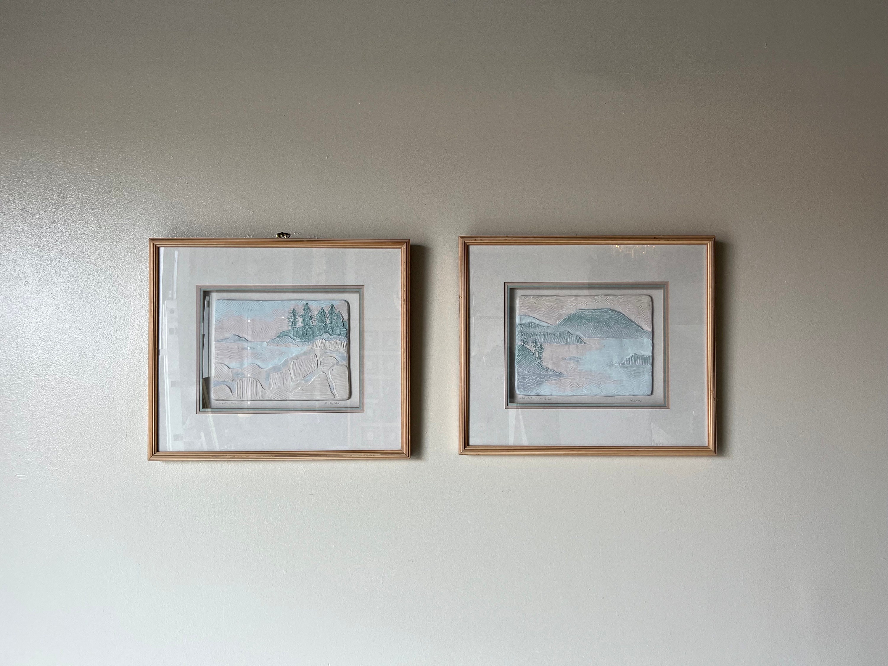 1980's F. McLain " Island Sound " Sculptural Ceramic Landscape Wall Art - Harrison Strong Gallery - a Pair