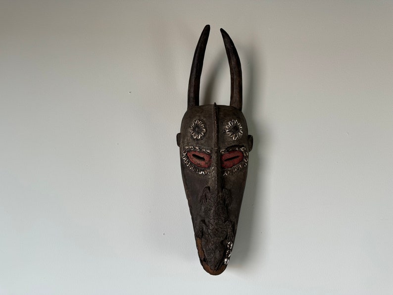 Vintage African Tribal Ceremonial Horn Head Crocodile Mask image 1