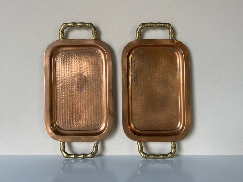 Vintage Hand Hammered Copper and Brass Handle Trays a Pair image 6