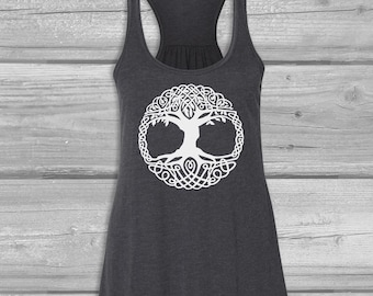 Celtic Tree Tank Tops for Women, Tree of Life, Womens Graphic Tanks, Racerback, Soft, Long, Relaxed Flowy Tank