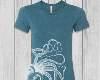 Octopus Shirt Women - Graphic Tees for Women - Octopus Tshirt Women - Screen Print Shirt - Fitted Tees