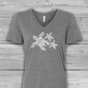 Sea Turtle Shirt, V Neck Turtle Shirt Women, Graphic Tees for Women, Soft and Stretchy Tees, Bella Canvas T-shirts Lt Gray (white)