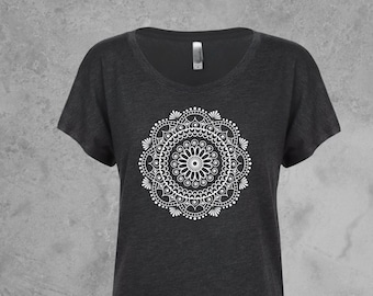 Dolman Sleeve Top Womens Tshirts Scoop Neck, Mandala Graphic Tee, Dolman Sleeve Tops, Mandala Flower Shirt