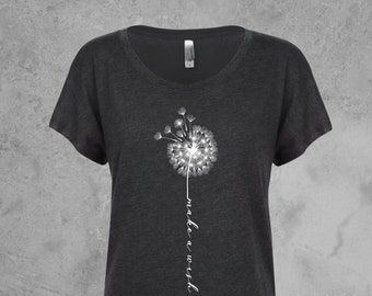 Dandelion Shirt, Womens Tshirts Scoop Neck, Make A Wish Dandelion Graphic Tee, Dolman Sleeve Tops, Dandelion Flower T Shirt