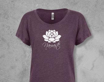 Scoop TShirt Women, Namaste Lotus Flower Graphic Tee, Dolman Sleeve Tops, Yoga Shirt