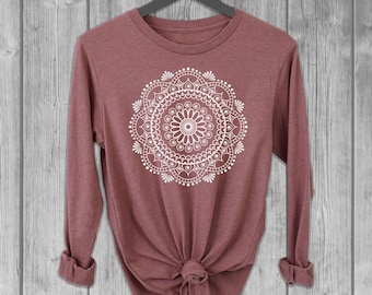 Mandala Flower Womens Long Sleeve T-Shirt, Graphic Tees: Relaxed Fit