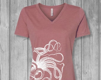 Womens Octopus Tshirts, V Neck T Shirt, Graphic Tees for Women, Bella Flowy Relaxed Tshirt, Soft Tee