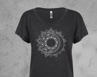 Sun Moon Shirt, Womens Tshirts Scoop Neck, Moon and Sun Graphic Tee, Dolman Sleeve Tops, Moon T Shirt