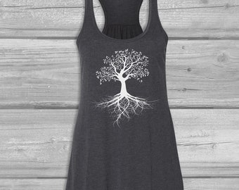 Tank Tops for Women, Tree of Life Graphic Tank Top, Rooted Tree, Bella Flowy Soft, Relaxed, Racerback Tank Tops