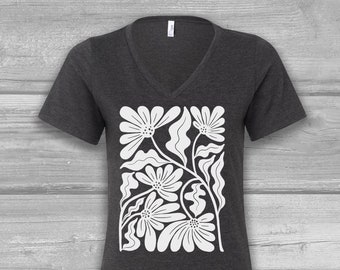 Abstract Flowers V Neck Tshirts for Women on a Bella Flowy Top, Botanical Modern Floral Print