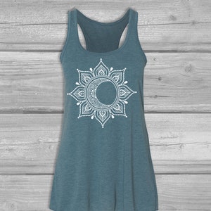 Sun and Moon Tank Tops for Women, Racerback Tanks, Mandala Relaxed Tanks, Soft, Long, Flowy Tank Tops