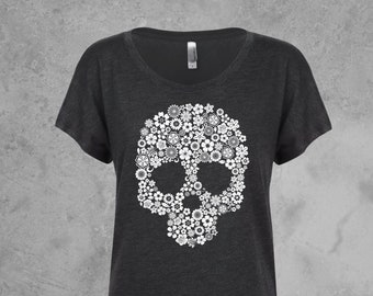 Skull Shirt for Women Tshirts Scoop Neck, Flower Skull Graphic Tee, Dolman Sleeve Tops, Skull Tshirt