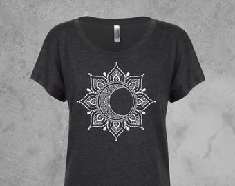 Womens Tshirts Scoop Neck, Crescent Moon Mandala Graphic Tee, Dolman Sleeve Tops, Moon T Shirt