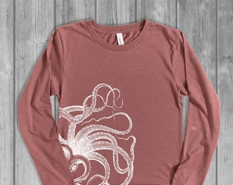 SML Long Sleeve T Shirts for Women, Octopus Tshirt, Mauve Pink Long Sleeve Shirt, Graphic Tees