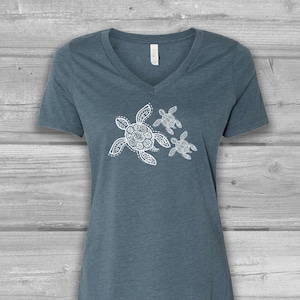 Sea Turtle Shirt, V Neck Turtle Shirt Women, Graphic Tees for Women, Soft and Stretchy Tees, Bella Canvas T-shirts Slate Blue (white)