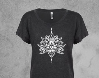 Lotus Mandala Shirt for Womens Tshirts Scoop Neck, Lotus Flower Graphic Tee, Dolman Sleeve Tops, Lotus Shirt