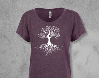 Dolman Sleeve Womens Tshirts Scoop Neck, Tree with Roots Graphic Tee, Dolman Sleeve Tops, Tree of Life Shirt