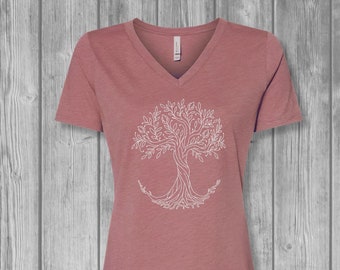 Womens Tshirts, Screen Print Graphic Tees for Women, Mauve Pink VNeck T-shirts, Relaxed, Soft, Stretchy