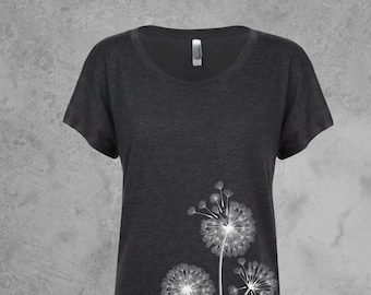 Womens Tshirts Scoop Neck, Dandelion Flower Graphic Tee, Dolman Sleeve Tops, Make A Wish T Shirt