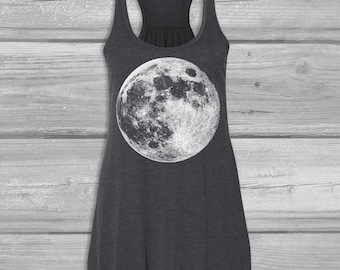 Moon Tank Top for Women, Celestial Graphic: Bella Flowy Racerback, Long, Lightweight, Soft