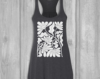 Unique Design Screen Printed Tank Tops for Women, Modern Abstract Flower Graphic Design, Bella Flowy, Relaxed Fit