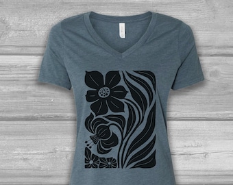 Cute Floral V Neck Tshirts for Women on a Bella Flowy Top, Artistic Botanical Flowers Modern Abstract Print