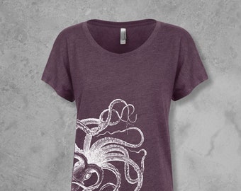 Womens Tshirts Scoop Neck, Octopus Graphic Tee, Dolman Sleeve Tops, Octopus Shirt