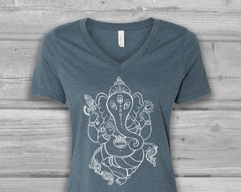 Ganesh Shirt, Womens Graphic Tees, V Neck T Shirt, Elephant Shirt, Light Weight, Relaxed, Soft, Stretchy Tshirt