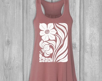 Artistic Floral Tank Tops for Women, Modern Flower Graphic Tanks, Bella Flowy, Unique Design Screen Printed Clothing