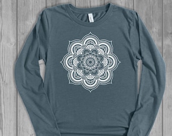 Mandala Womens Long Sleeve T-Shirt, Relaxed Fit Graphic Tee: Bella Canvas