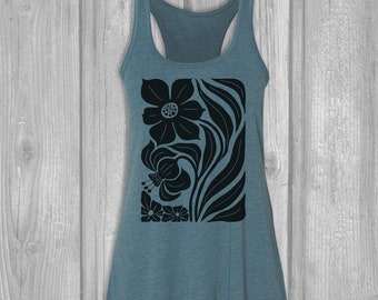 Artistic Floral Tank Tops for Women, Modern Flower Graphic Tanks, Bella Flowy, Unique Design Screen Printed Clothing