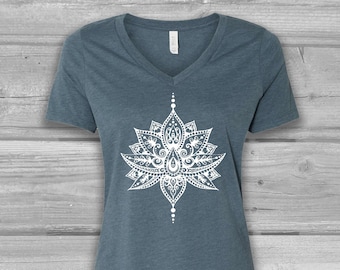 V Neck T Shirt Women, Lotus Henna T-shirts, Graphic Tees Bella Flowy Relaxed Tshirt, Soft Tshirt Stretchy