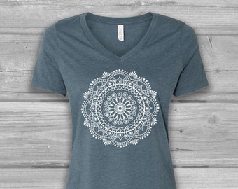 V Neck Tshirt Women, Mandala Shirt, Womens Clothing, Graphic Tees, Bella Relaxed, Light Weight, Soft T Shirts