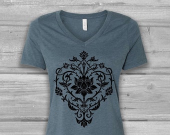 V Neck T Shirt Women, Lotus Floral T shirts, Graphic Tees, Bella Flowy Relaxed Tshirt, Soft Tshirt, Stretchy