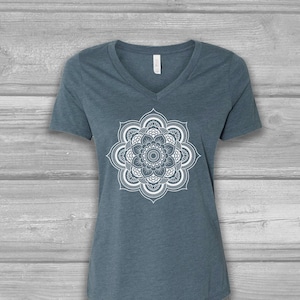 V Neck T Shirts for Women, Mandala Tshirt, Graphic Tees Women, Light Weight T-shirts, Relaxed, Soft, Stretchy Tees