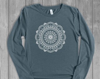 Mandala Flower Womens Long Sleeve T-Shirt, Graphic Tees: Relaxed Fit