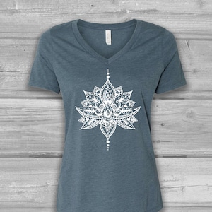 V Neck T Shirt Women, Lotus Henna T-shirts, Graphic Tees Bella Flowy Relaxed Tshirt, Soft Tshirt Stretchy