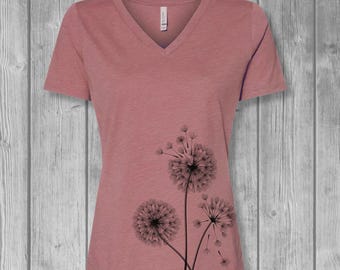 Small Dandelion Flowers V-Neck Tee: Mauve Pink, Tri-Blend