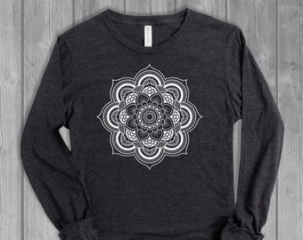Mandala Womens Long Sleeve T-Shirt, Yoga Top, Graphic Tee: Bella Canvas Soft, Lightweight