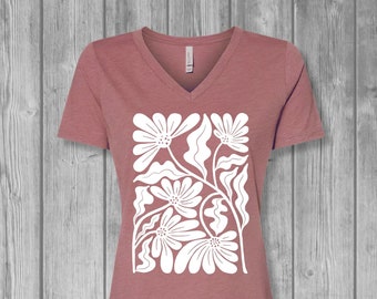 Womens Tshirts, Mauve Veck Tops, Bella Flowy Top, Botanical Flowers Modern Abstract Floral Print